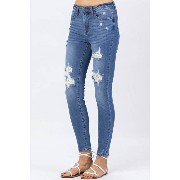 NEW JUDY BLUE lemon patch high waist skinny jean in medium blue - Picture 2 of 4